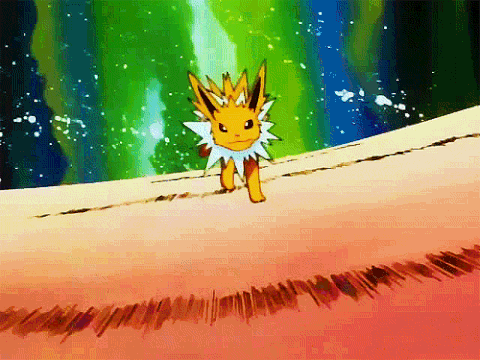 a yellow pokemon with a white star on its head is walking on a red surface