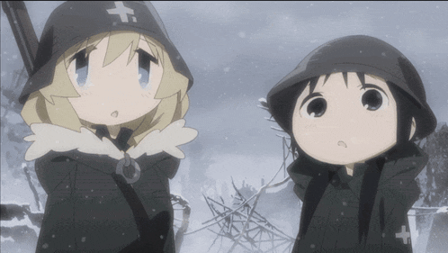 two anime characters standing next to each other with one wearing a hat with a cross on it