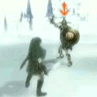 a cartoon character is standing in the snow holding a sword and shield .