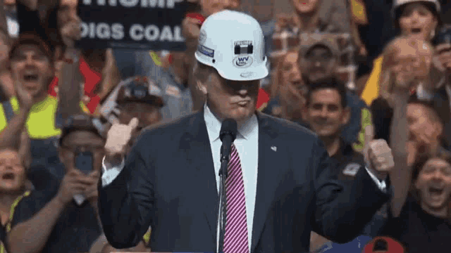 donald trump wearing a hard hat giving the middle finger in front of a crowd