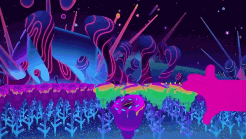a cartoon illustration of a colorful landscape with a donut in the middle of it .