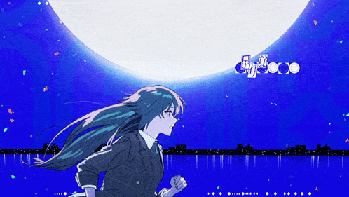 a woman in a suit is running in front of a large white moon
