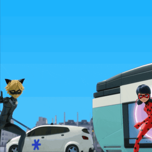 ladybug and cat noir are standing next to an ambulance with an x on it