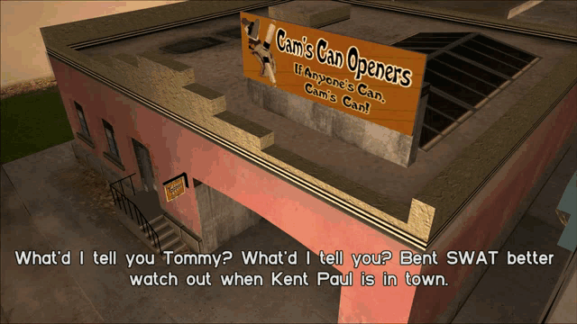 a sign for cam 's can openers hangs on the roof of a building