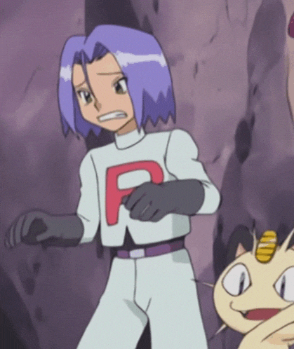 a cartoon character with purple hair and a r on his shirt