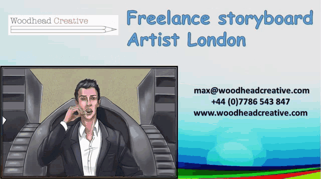 a poster for freelance storyboard artist london shows a man talking on a phone