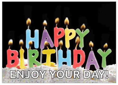 a birthday cake with candles that say `` happy birthday enjoy your day ''