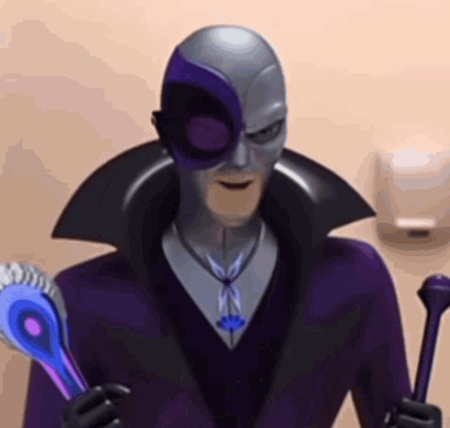 a cartoon character is wearing a purple mask and holding a microphone and a brush .