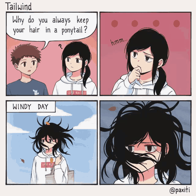 a cartoon titled tailwind shows a girl talking to a boy about her hair in a ponytail