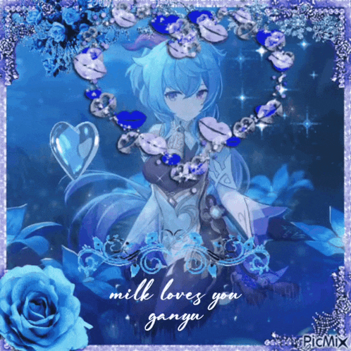 a picture of a girl with blue hair and the words milk loves you gangu