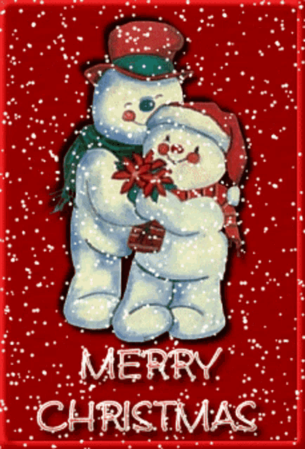 a merry christmas card with snowmen on it