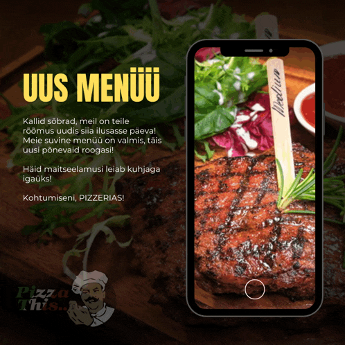 an advertisement for pizza this shows a steak on a wooden cutting board