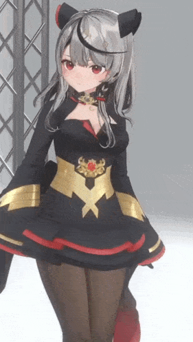 a girl in a black and red dress with a gold x on her chest