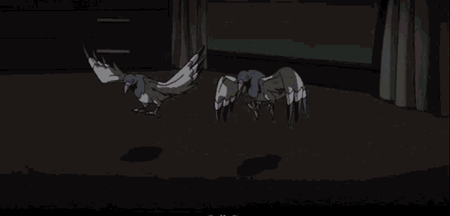 a cartoon drawing of a group of purple ghosts in a room