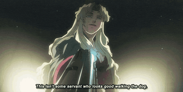 a woman holding a gun with the words " this isn 't some servant who looks good walking the dog " above her
