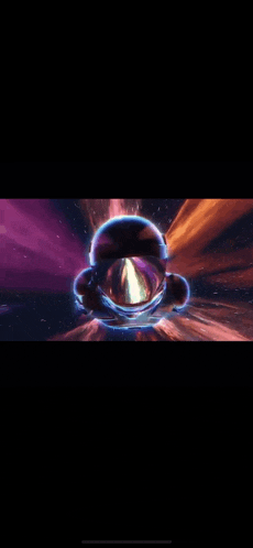 a cartoon character is flying through a purple and orange tunnel .