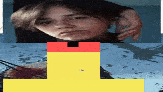 a collage of images including a woman 's face and a yellow and red cross