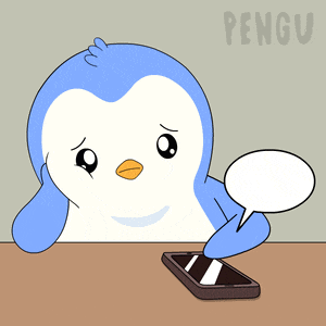 a cartoon of a penguin looking at a cell phone with a speech bubble saying pengu