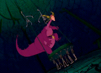 a cartoon character is riding on the back of a pink dinosaur