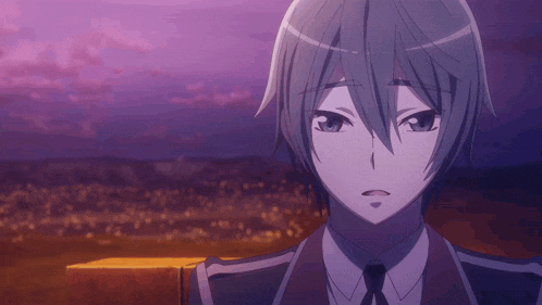 a man in a suit and tie with a purple sky in the background