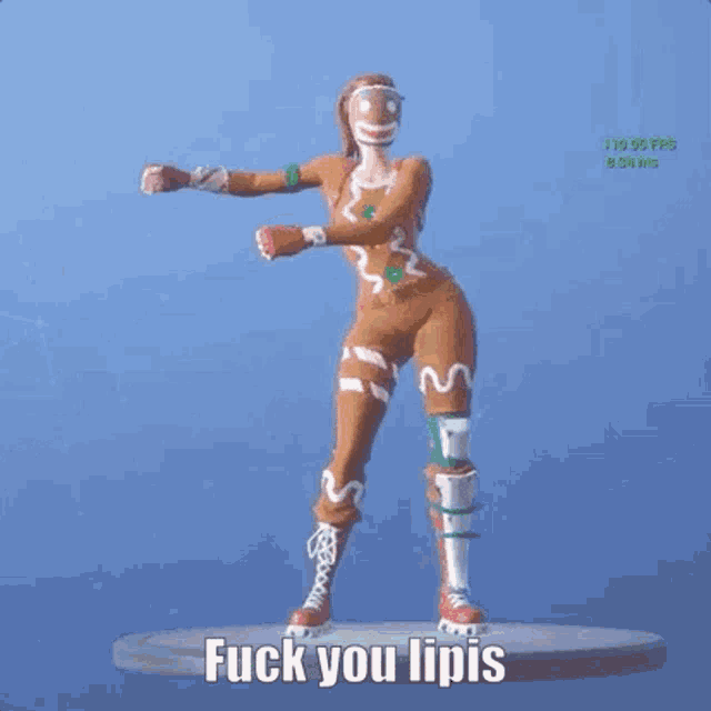a gingerbread woman is dancing in a video game while wearing a gingerbread outfit .