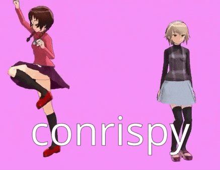 two anime girls are dancing in front of a pink background with the word conrispy on it .