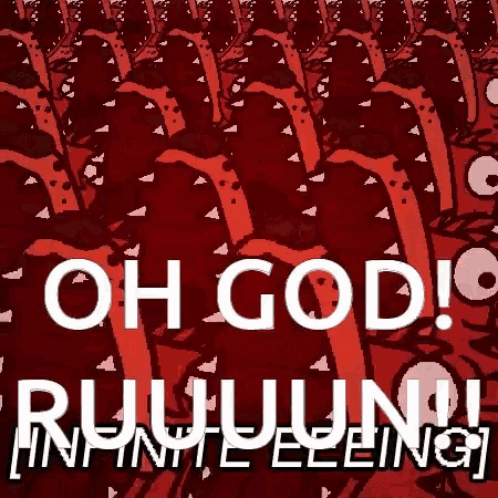 a bunch of penguins are standing in a row with the words oh god ru u u n ! infinite feeling