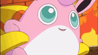 a pink and white cartoon character with blue eyes