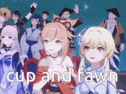 a group of anime characters standing next to each other with the words cup and fawn below them
