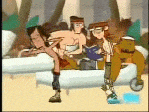 a group of cartoon characters are sitting on a couch on a beach .