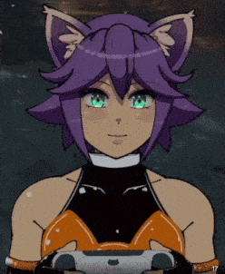 a cartoon girl with purple hair and green eyes is holding a video game controller