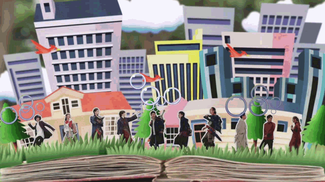 a group of people walking in front of a city with buildings