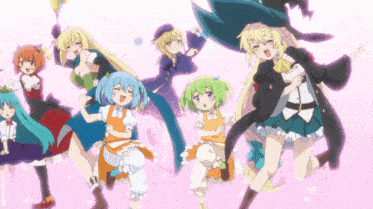 a group of anime characters are dancing together