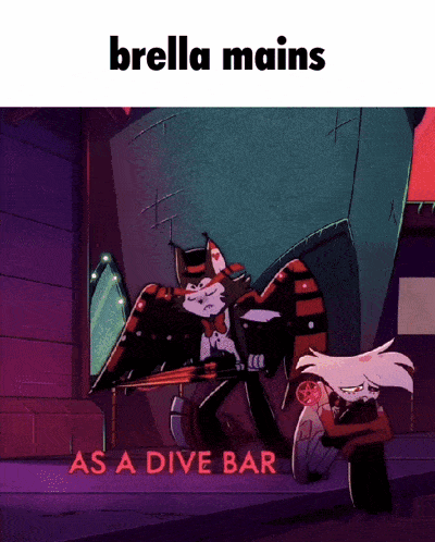 a cartoon with angel dust standing next to a man with a gun and the words as a dive bar