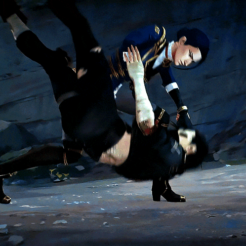 a man in a blue uniform is holding another man in a black shirt