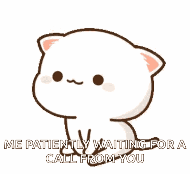 a cartoon cat is sitting down and saying `` me patiently waiting for a call from you '' .