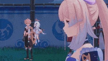 a girl with a ponytail is standing in a field with other anime characters