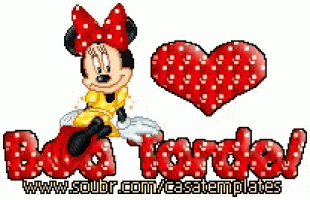 a cartoon of minnie mouse sitting next to a red heart and the words boa tarde