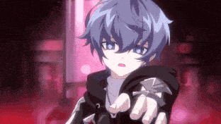a blue haired anime character with a black jacket and gloves