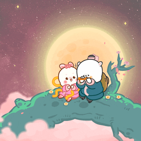 a couple of cartoon characters are sitting on a tree branch looking at the moon