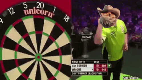 a man in a cowboy hat is standing in front of a dart board that says unicorn on it