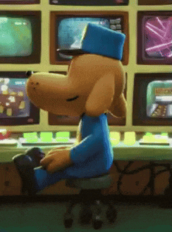 a cartoon dog wearing a blue hat is sitting in front of a wall of monitors