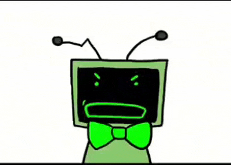 a green cartoon character with a crown on his head is holding a trumpet .