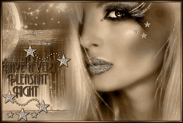 a picture of a woman with the words " have a very pleasant night " on it