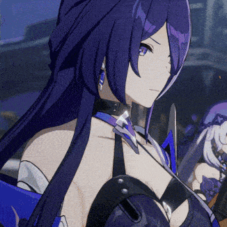 a close up of a purple haired anime girl