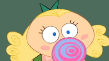 a cartoon girl with hypnotic eyes is holding a lollipop and says i 'm your number one fan