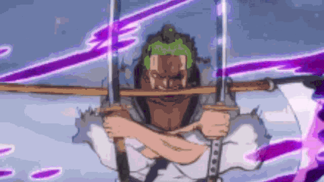 a man with green hair is holding two swords in his hands in a cartoon .