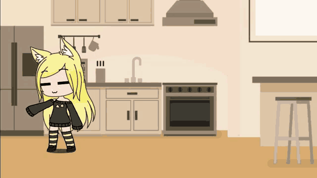 a cartoon of a girl in a kitchen wearing a black shirt