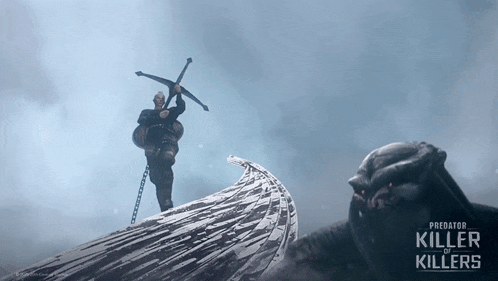 a poster for predator killer of killers features a man holding a sword
