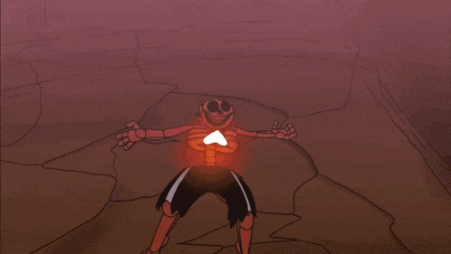 a drawing of a skeleton with a sword and a flame coming out of it